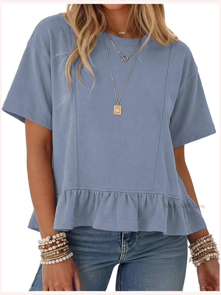 Oversized Short Sleeve Crop Top Ruffle Hem Peplum Blouse Summer Tunic